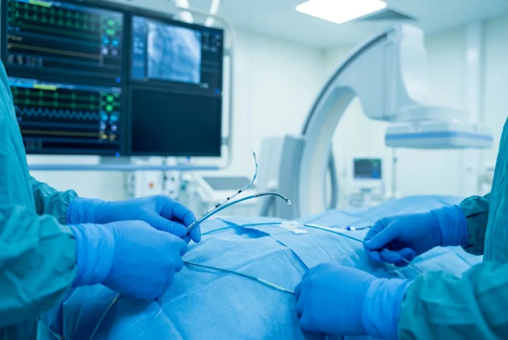 Cardiologist's gloved hands guiding a catheter during an ablation procedure