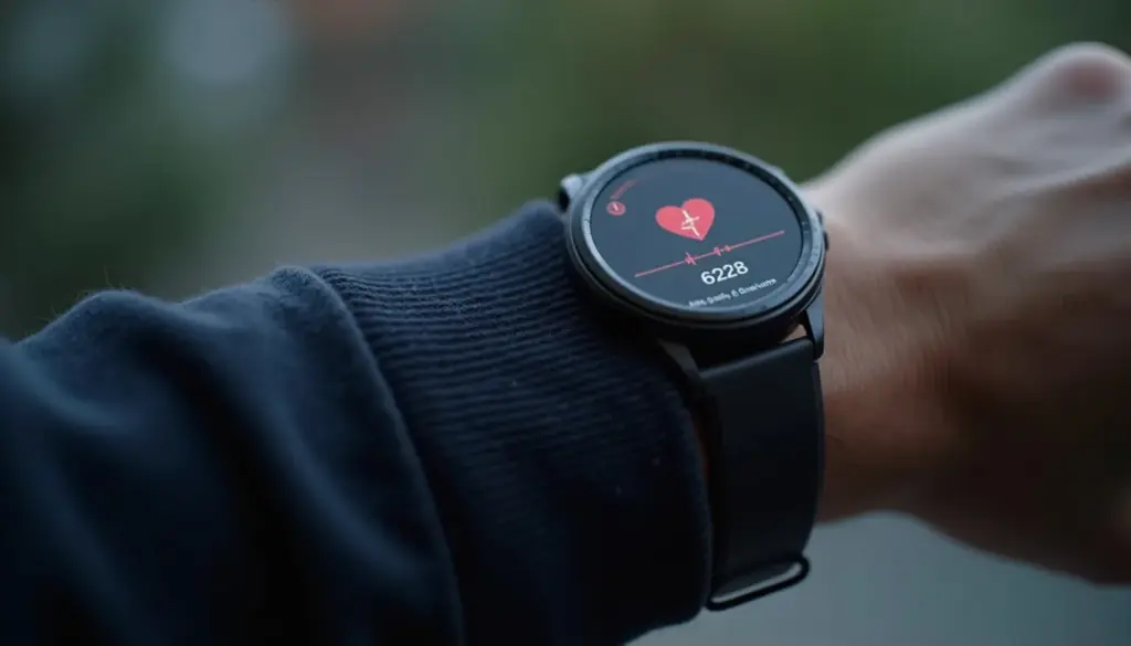 Close-up view of a smartwatch displaying heart rate variability data